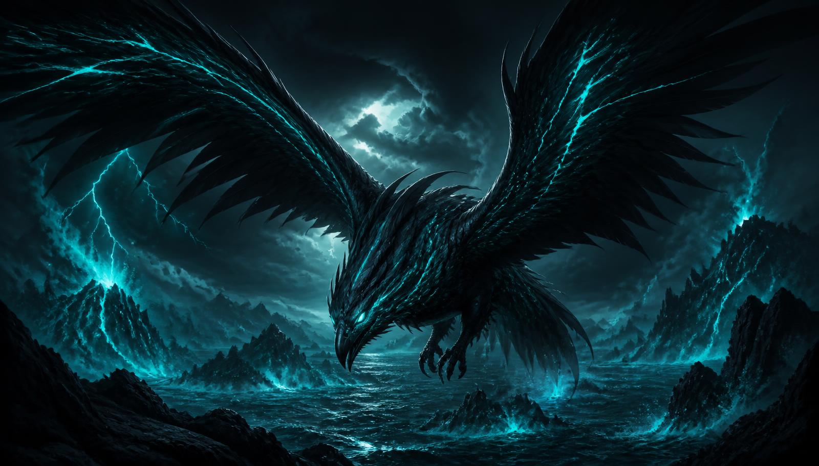 Black winged dragon-bird with glowing teal energy markings flying over a stormy volcanic archipelago